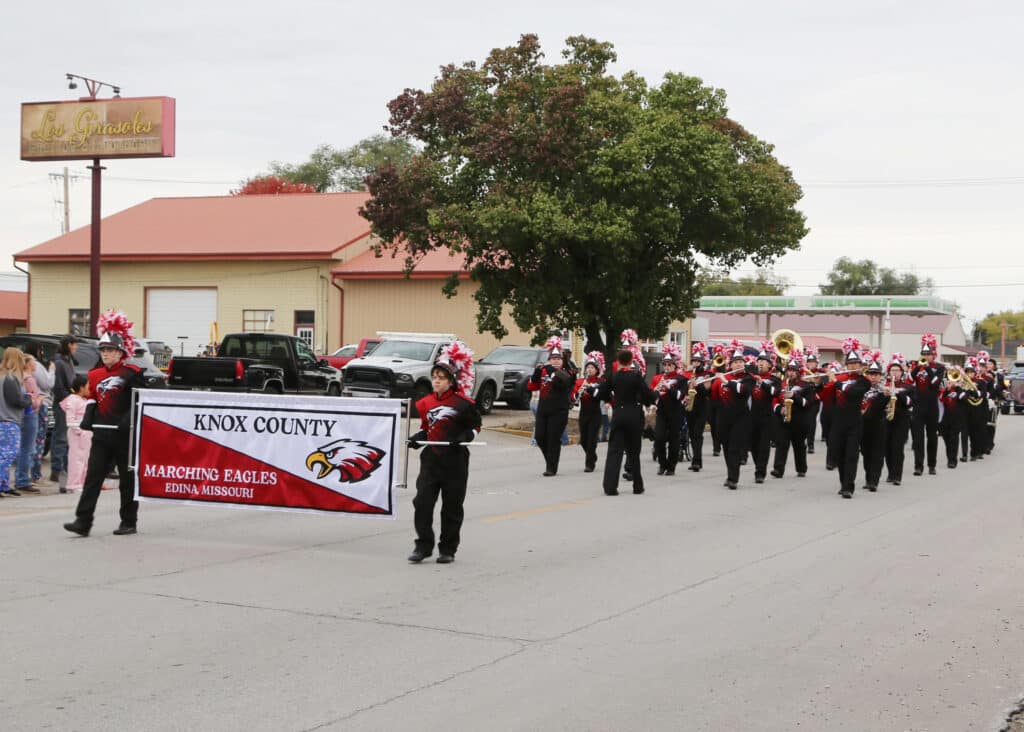 Photo of the Knox County High School Marching Band (Edina, MO), which took first place in the AA division in the 2025 C-SC Homecoming Parade Marching Band Competition.