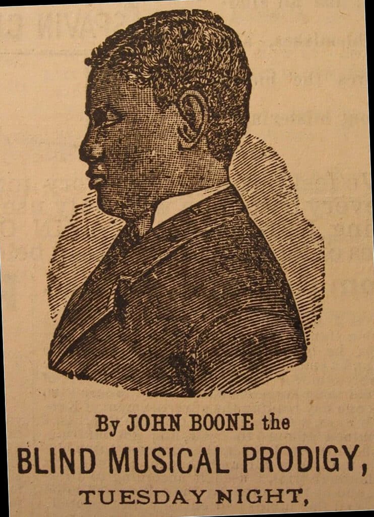 Graphic features a historical promotional advertisement for a Blind Boone performance.