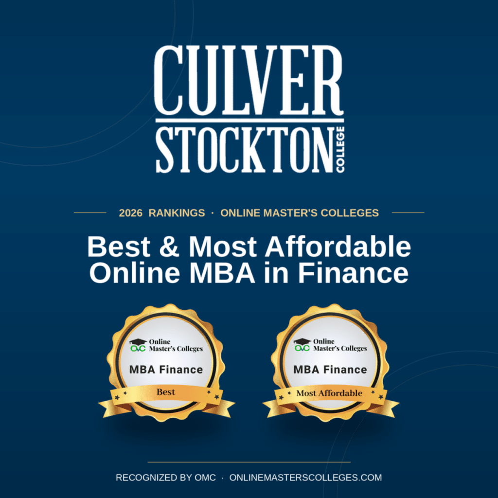 Graphic that serves as an emblem that Culver-Stockton College has been recognized by Online Master’s Colleges (OMC) as one of the nation's top institutions for online MBA finance education, earning placement on both the 2026 Best Online MBA Finance Programs and Most Affordable Online MBA Finance Programs rankings